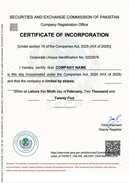 Pakistan certificate of incorporation Word and PDF template